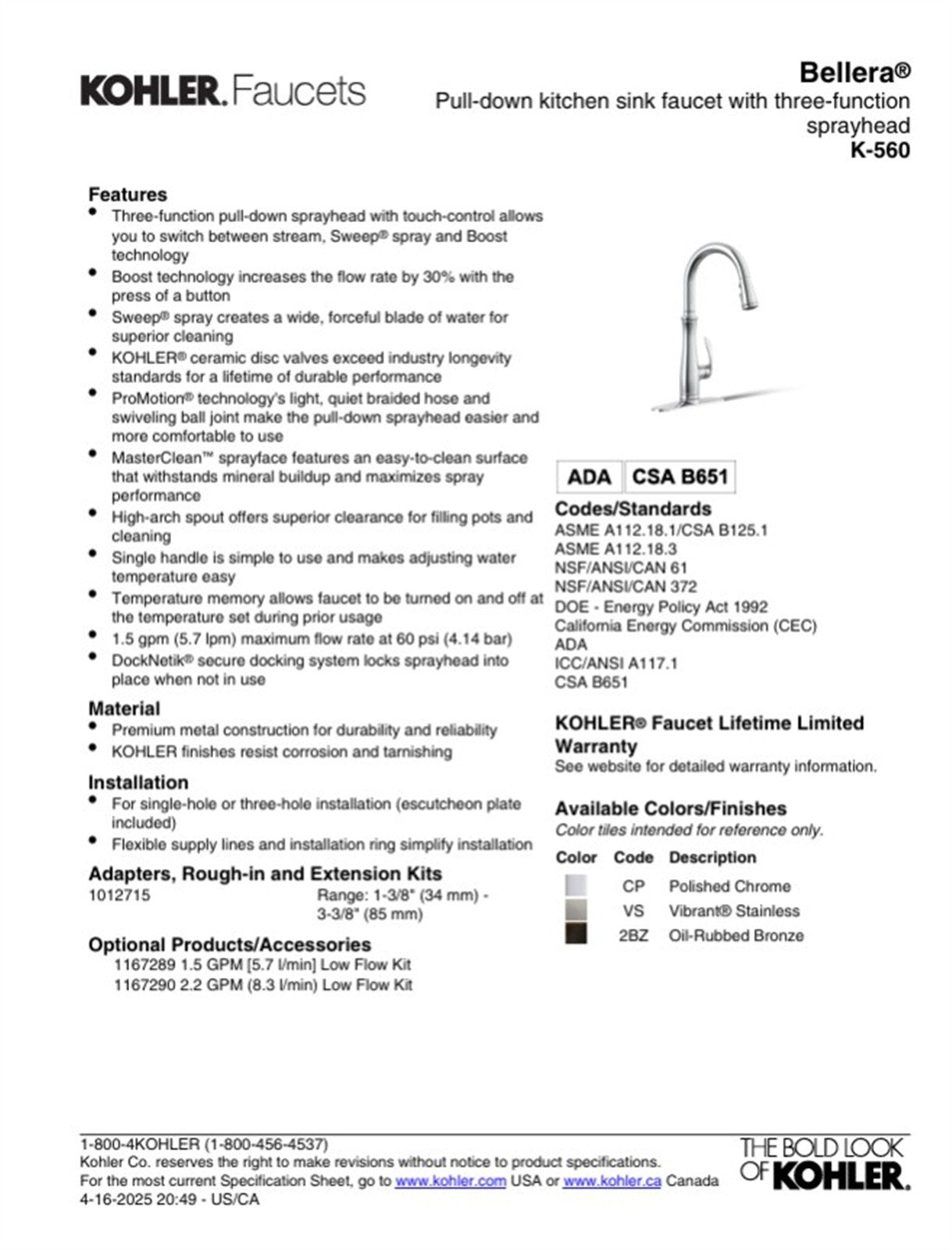 Kohler Bellera Single Hole Pull Down Kitchen Faucet Oil-Rubbed Bronze K-560-2BZ