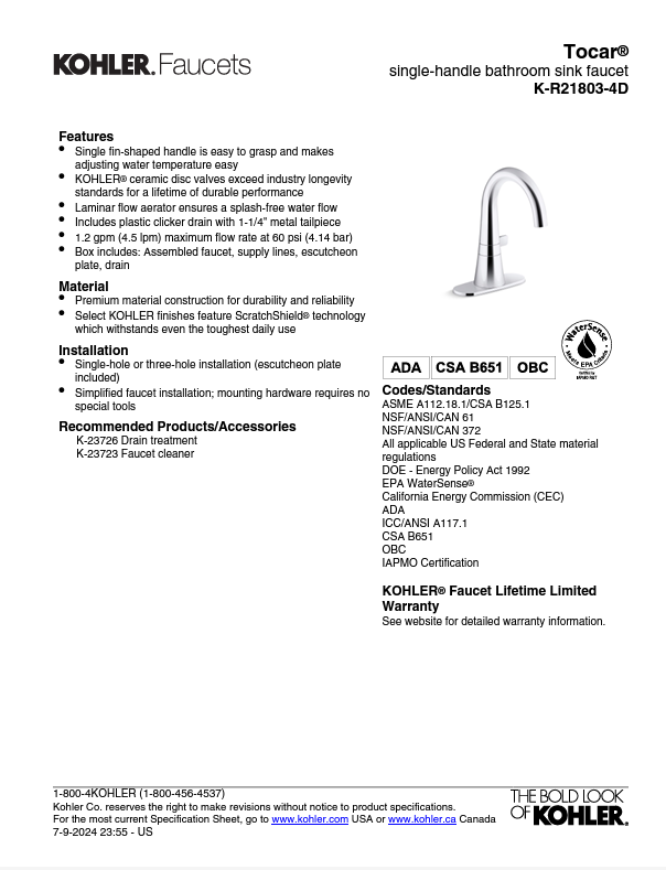 Kohler Tocar Single-handle bathroom sink faucet Polished Chrome K-R21803-4D-CP