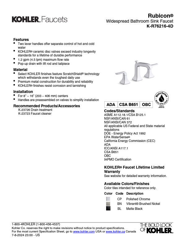 ✅ KOHLER Rubicon Widespread Bathroom Sink in Matte Black K-R76216-4D-BL