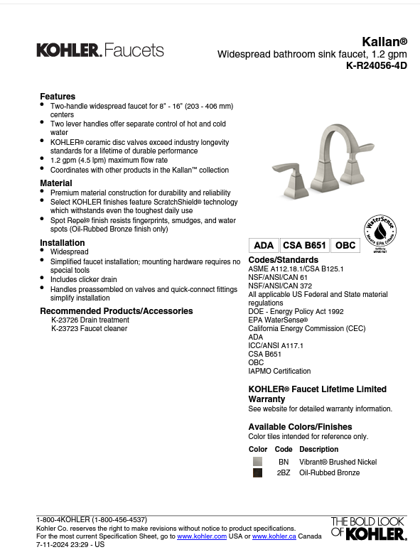 ✅ Kohler Kallan Bathroom Faucet Widespread Oil-Rubbed Bronze R24056-4D-2BZ