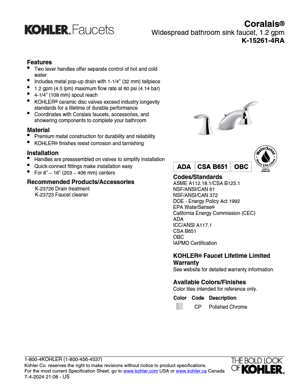 Kohler 15261-4RA 8in. Widespread bathroom faucet in Polished Chrome Finish