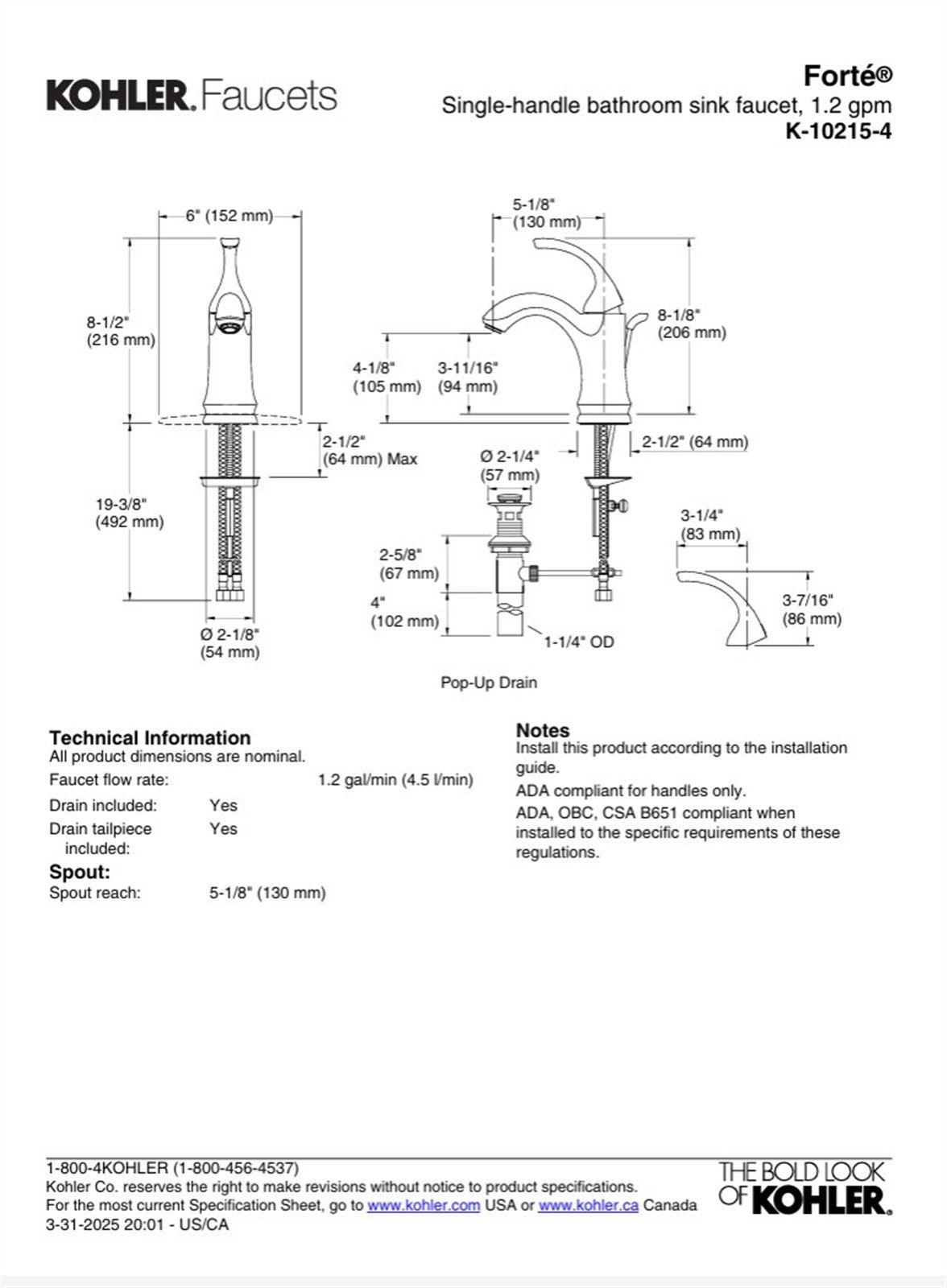 Kohler Forte Single Hole Bathroom Faucet Brushed Nickel K-10215-4-BN