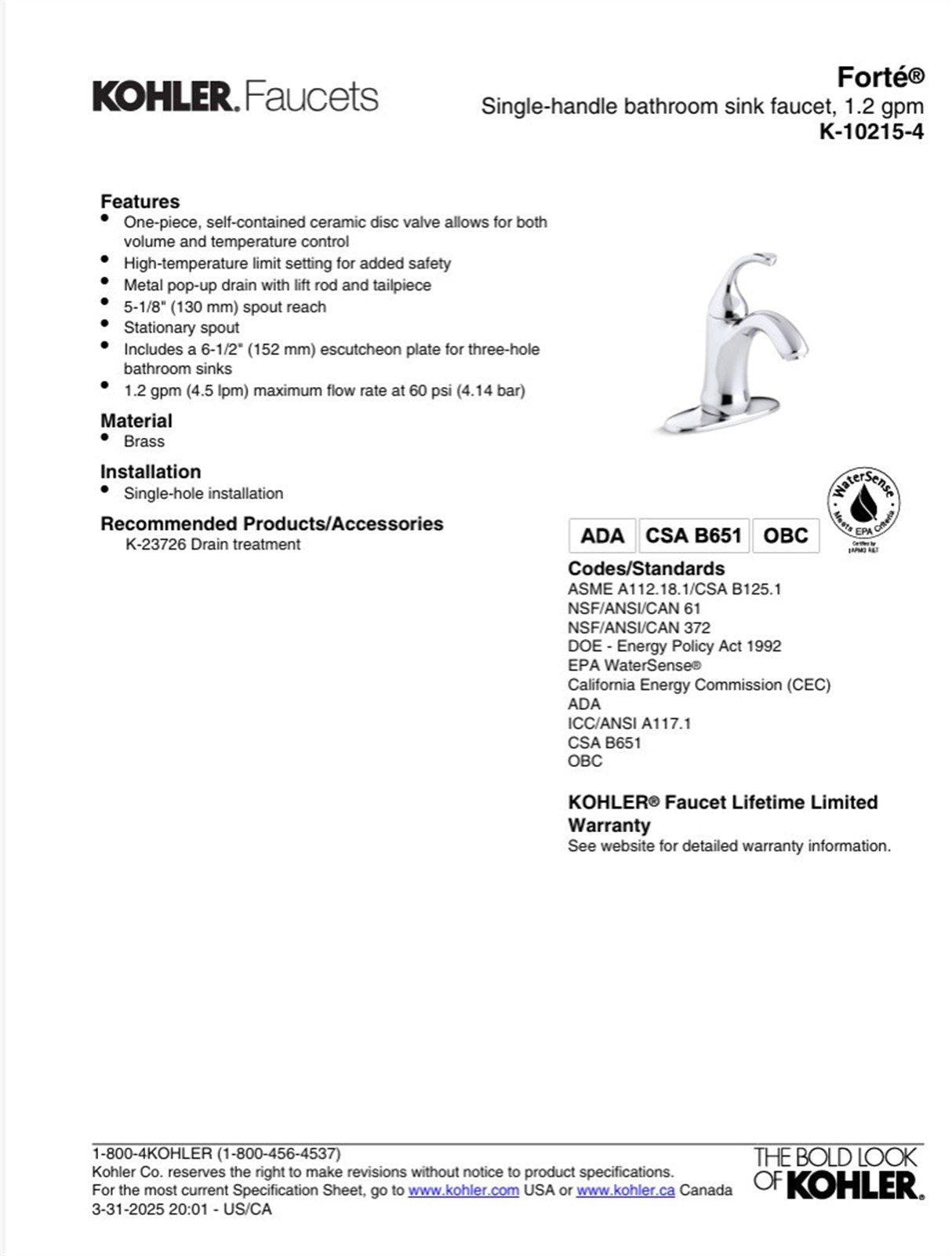 Kohler Forte Single Hole Bathroom Faucet Brushed Nickel K-10215-4-BN