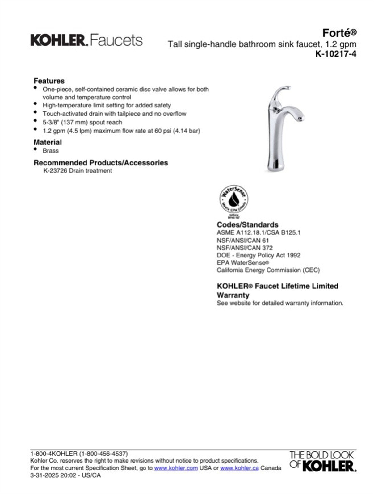 Kohler Forte Single Hole Bathroom Faucet Brushed Chrome K-10215-4-G