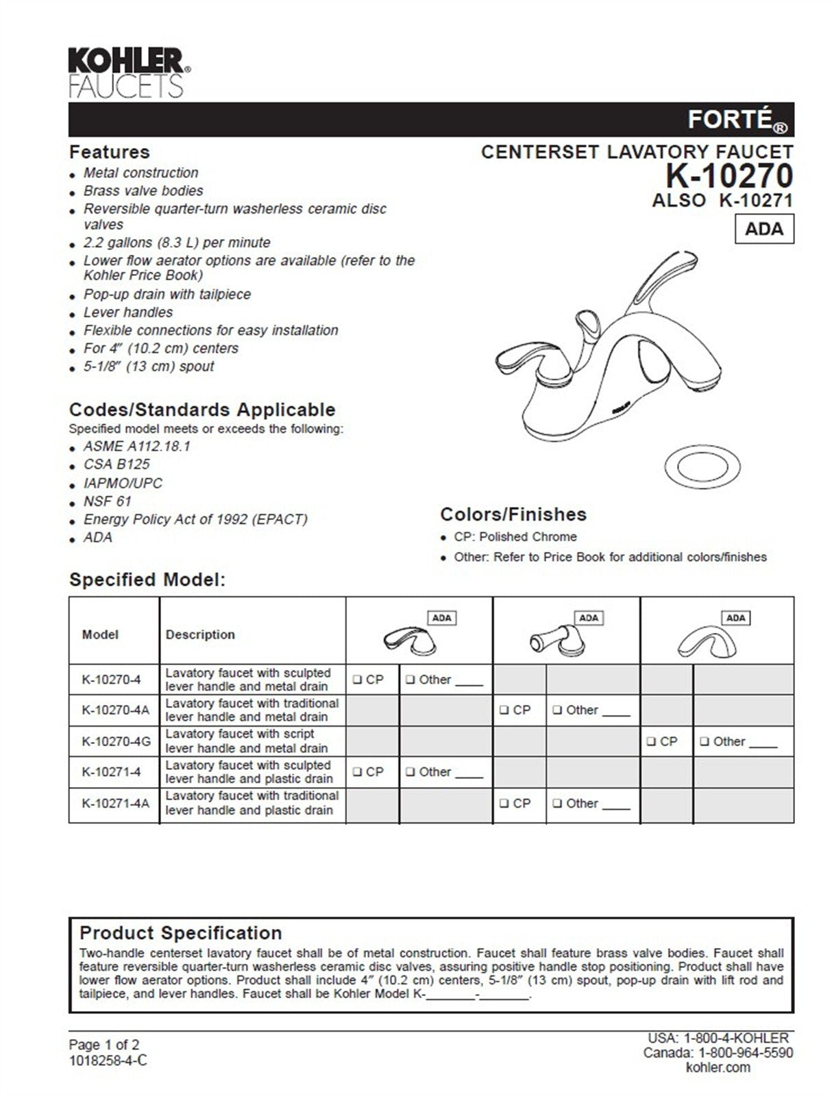 Kohler Forte 4 in. Centerset Bathroom Faucet Polished Chrome finish K-10270-4-CP