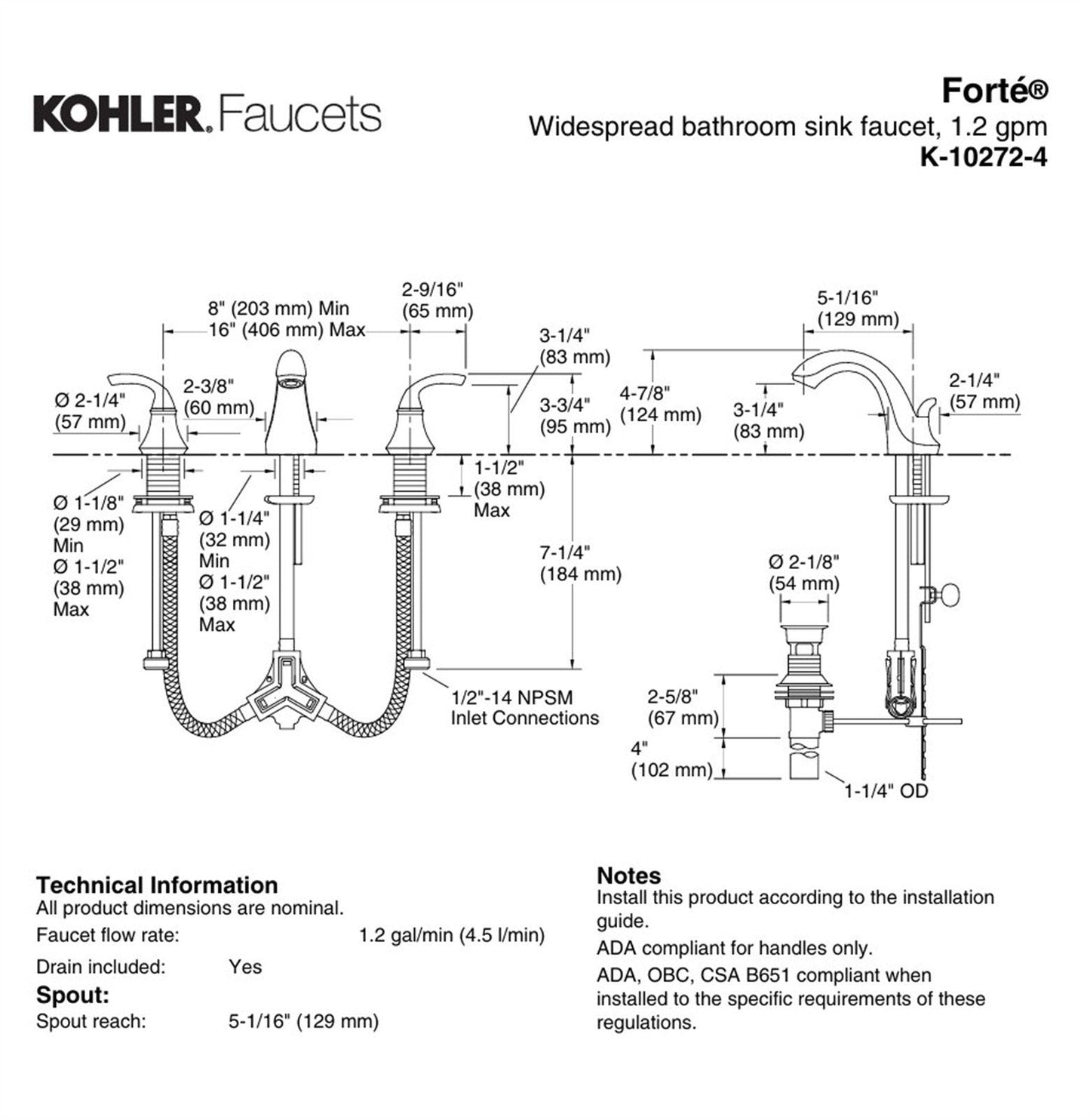 Kohler Forte Widespread bathroom sink faucet, Polished Chrome K-10272-4-CP
