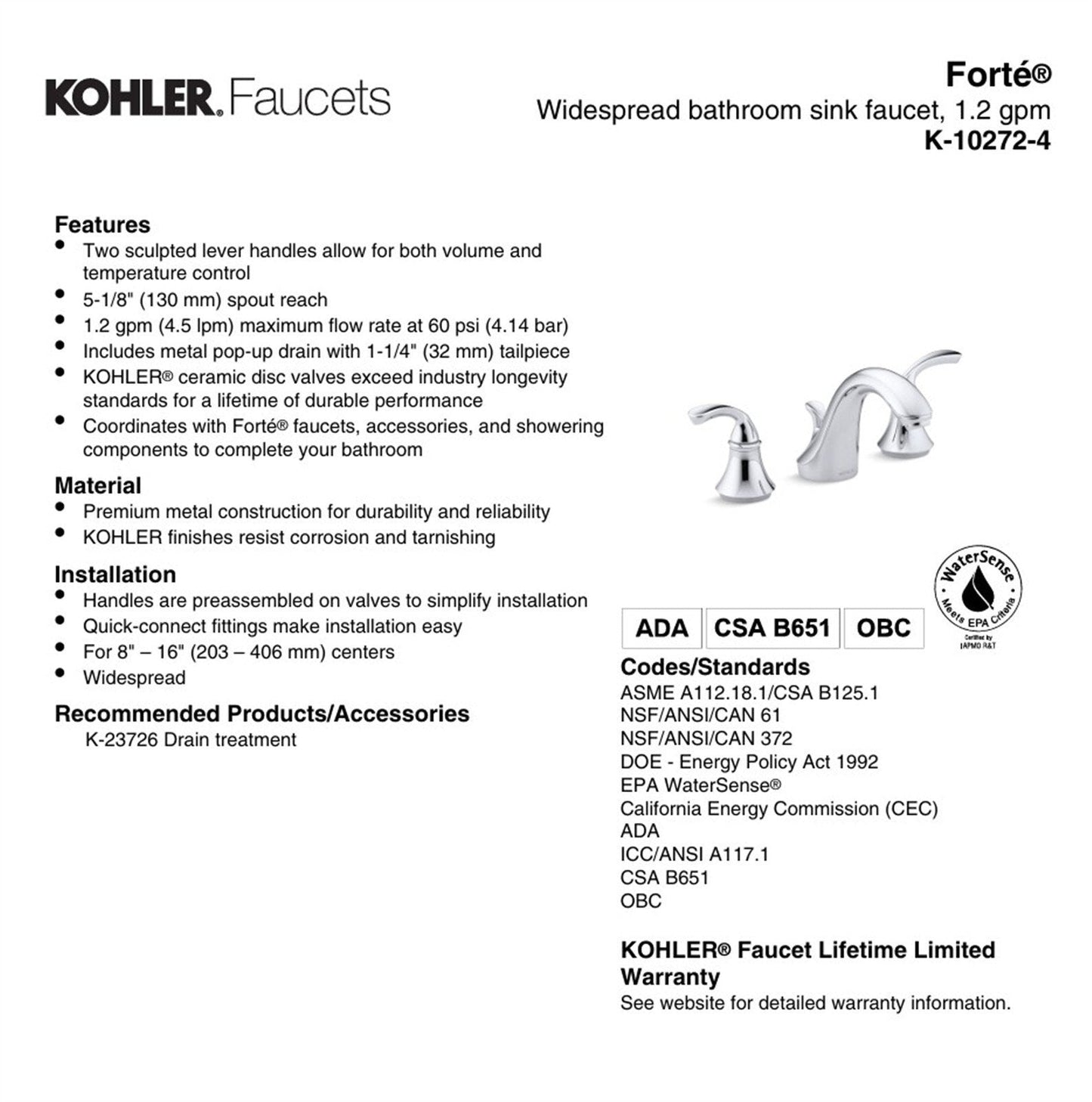 Kohler Forte Widespread bathroom sink faucet, Polished Chrome K-10272-4-CP