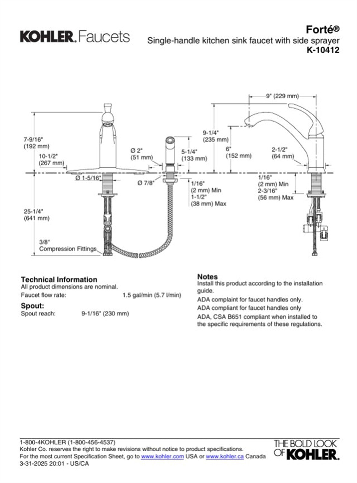 Kohler Forte Mid Arc Kitchen Faucet & Sidespray Vibrant Stainless K-10412-VS