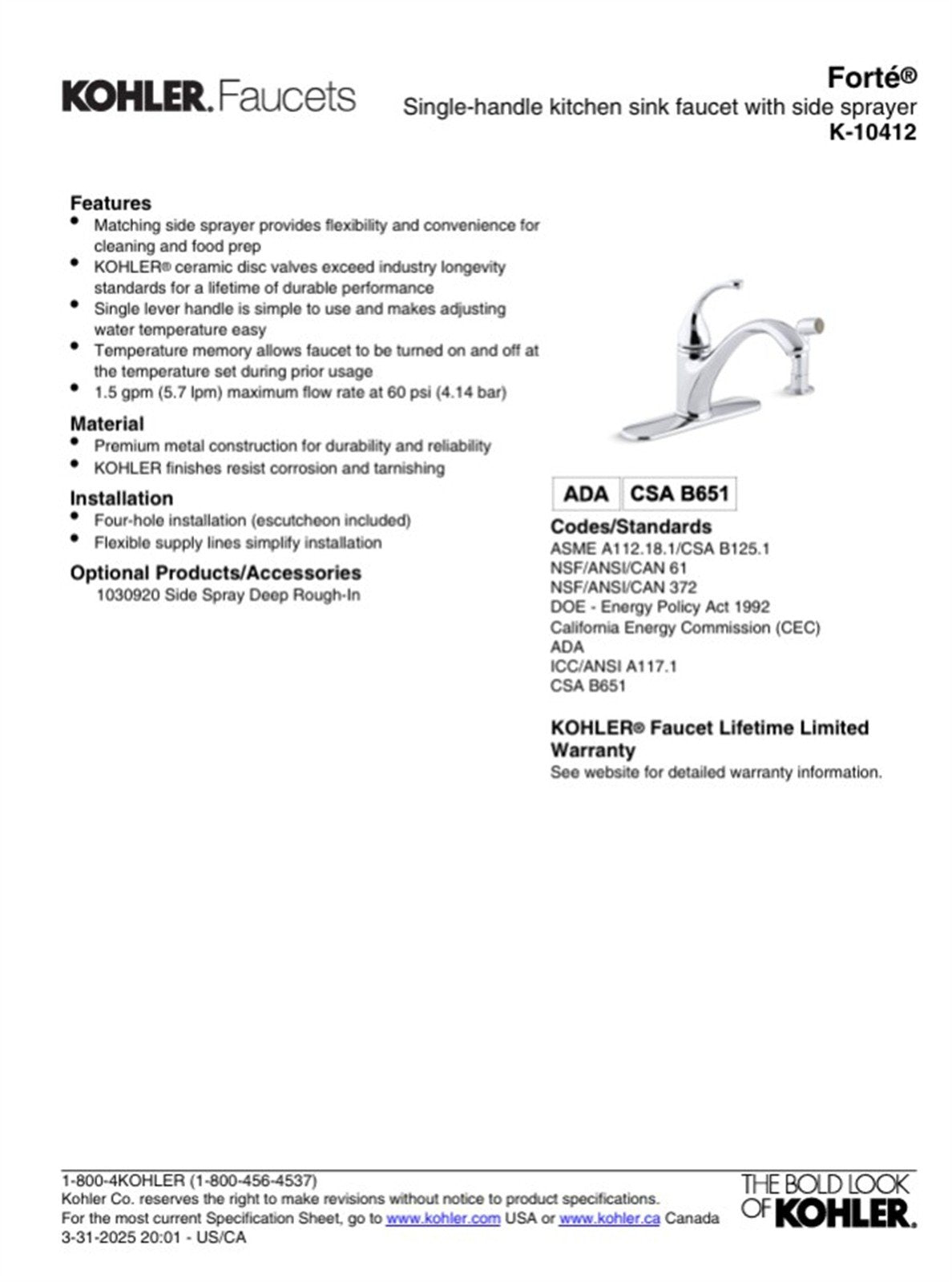 Kohler Forte Mid Arc Kitchen Faucet & Sidespray Vibrant Stainless K-10412-VS