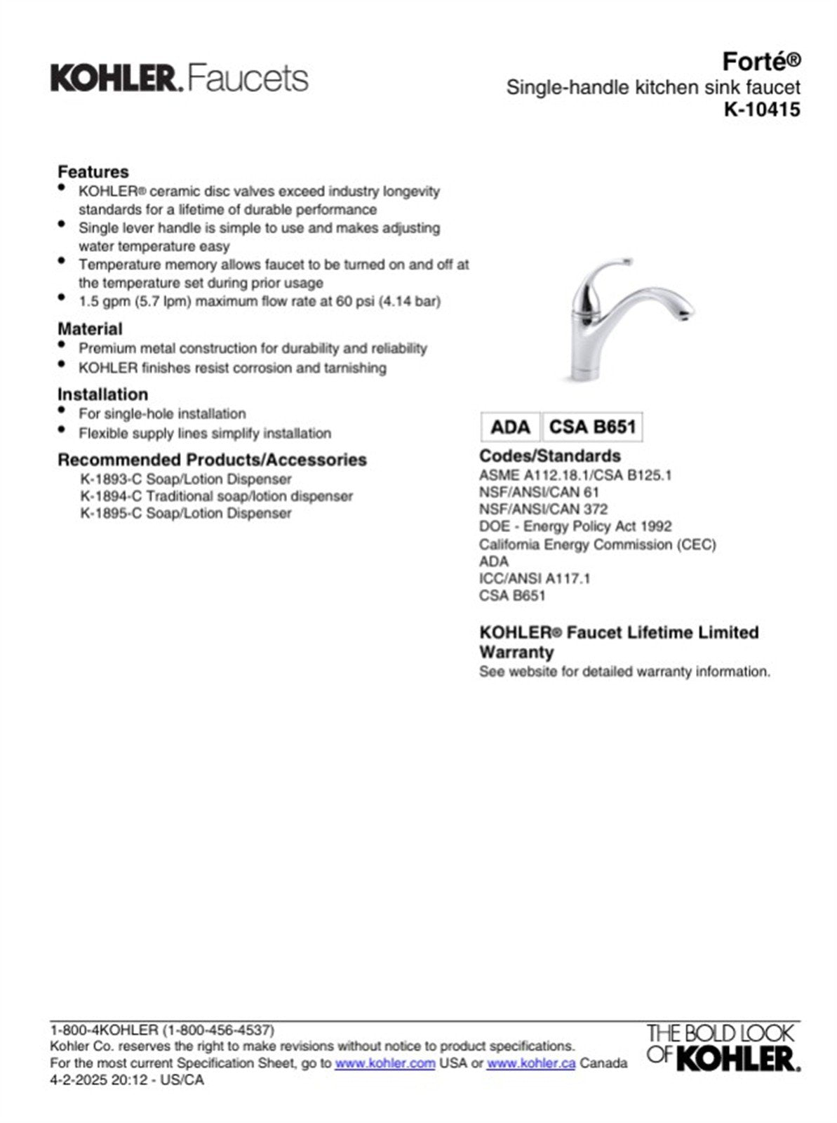 Kohler Forte 1-Handle Kitchen Faucet Lever Handle Brushed Nickel K-10415-BN