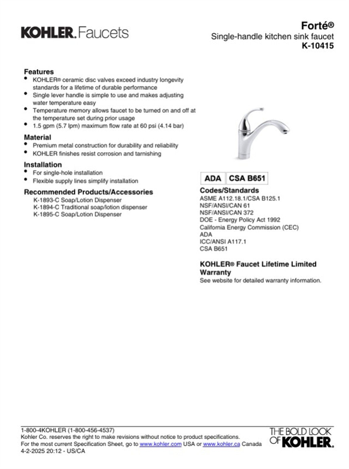 Kohler Forte 1-Handle Kitchen Faucet Lever Handle Polished Chrome K-10415-CP