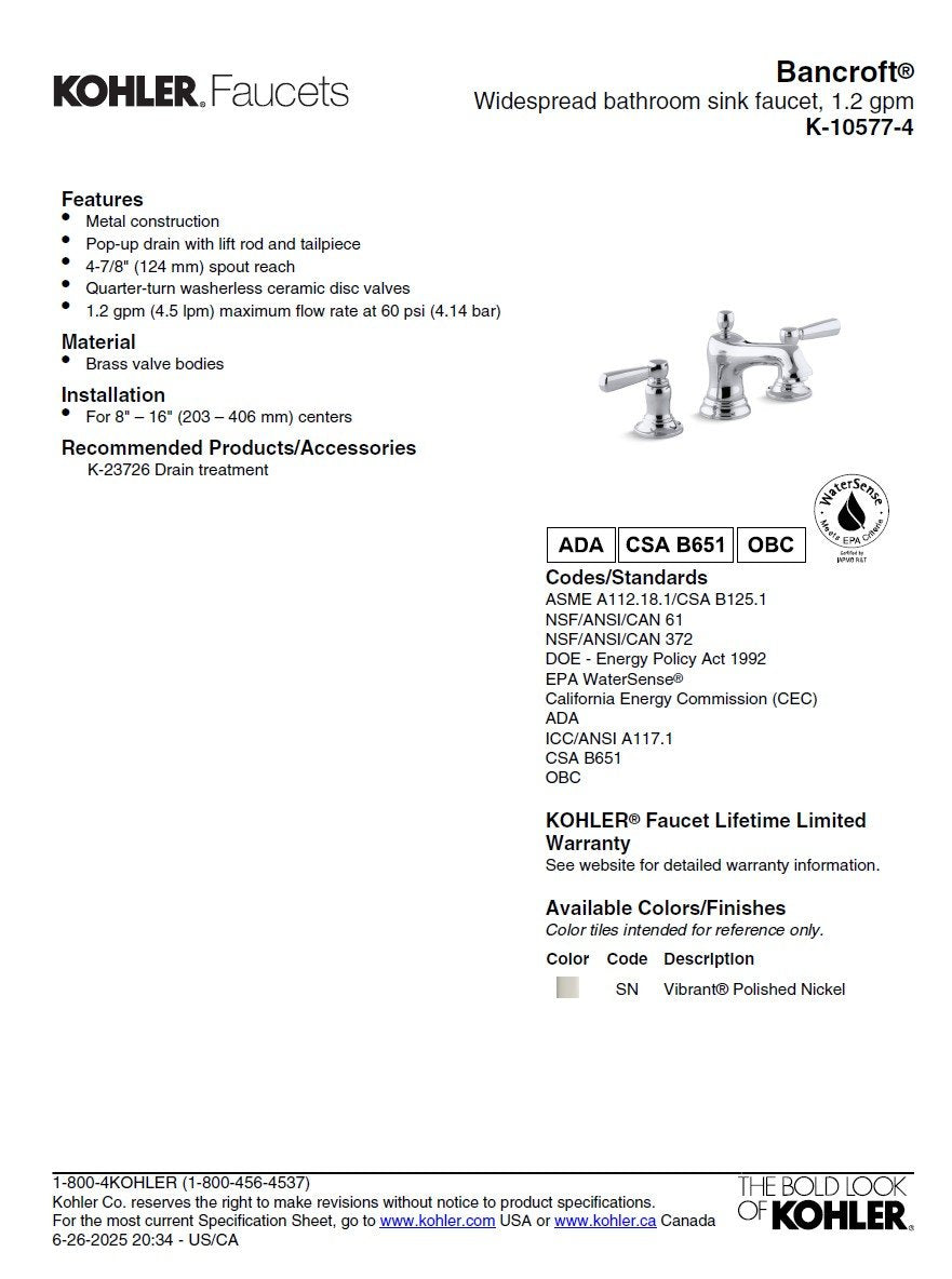 Kohler Bancroft 8 in. Widespread Bathroom Faucet Polished Chrome K-10577-4-CP