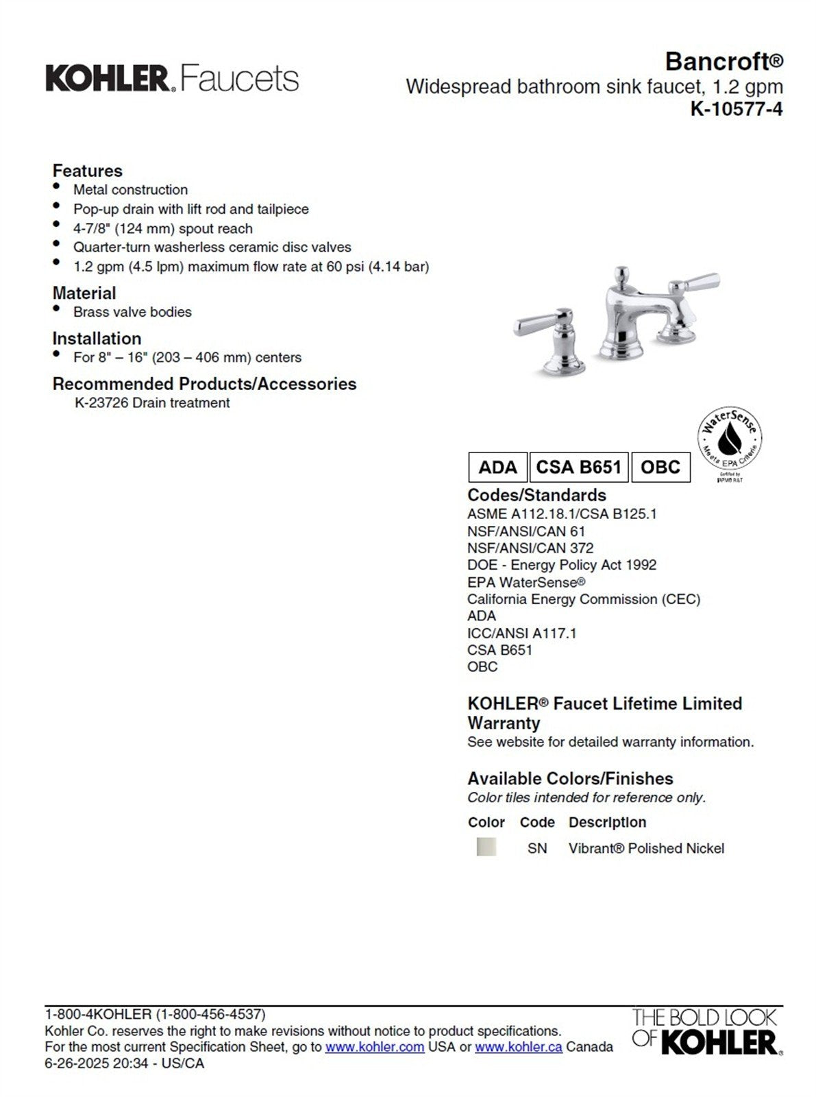 Kohler Bancroft 8 in. Widespread Bathroom Faucet Vibrant Polished Nickel K-10577-4-SN
