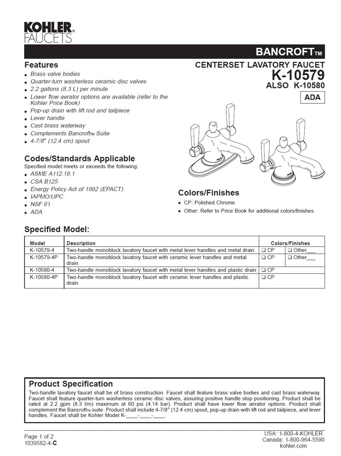Kohler Bancroft Single Hole Bathroom Faucet Polished Chrome K-10579-4-CP
