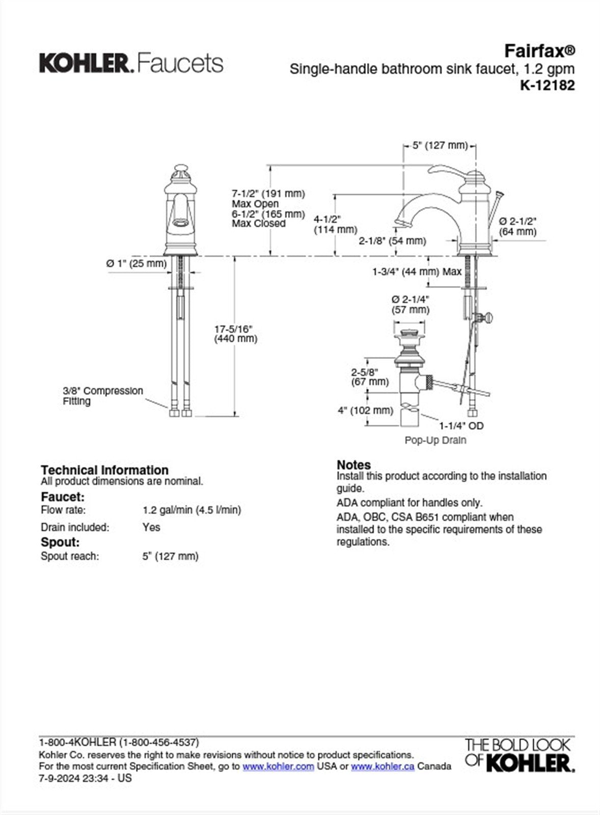 Kohler Fairfax Single-handle bathroom sink faucet, Brushed Nickel K-12182-BN