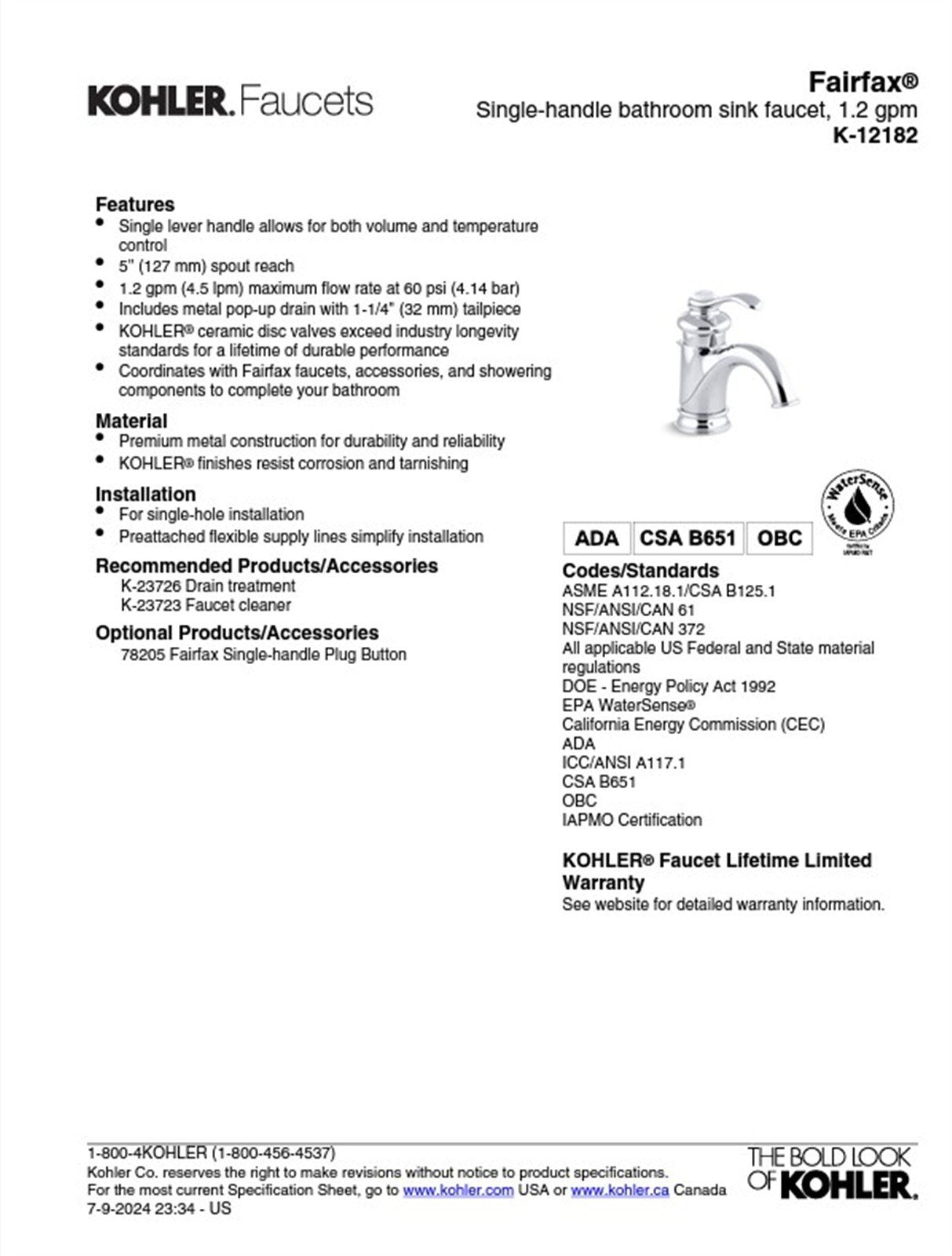 ✅Kohler Fairfax Single-handle bathroom sink faucet, Chrome , 1.2 gpm K-12182-CP