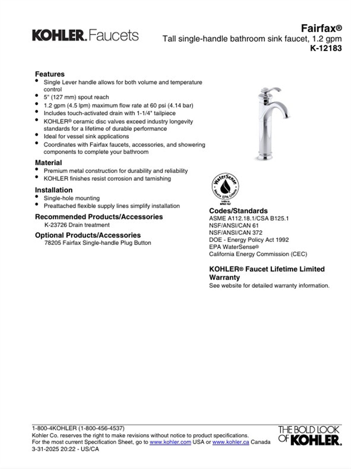Kohler Fairfax Single Hole Bathroom Faucet Polished Chrome K-12183-CP