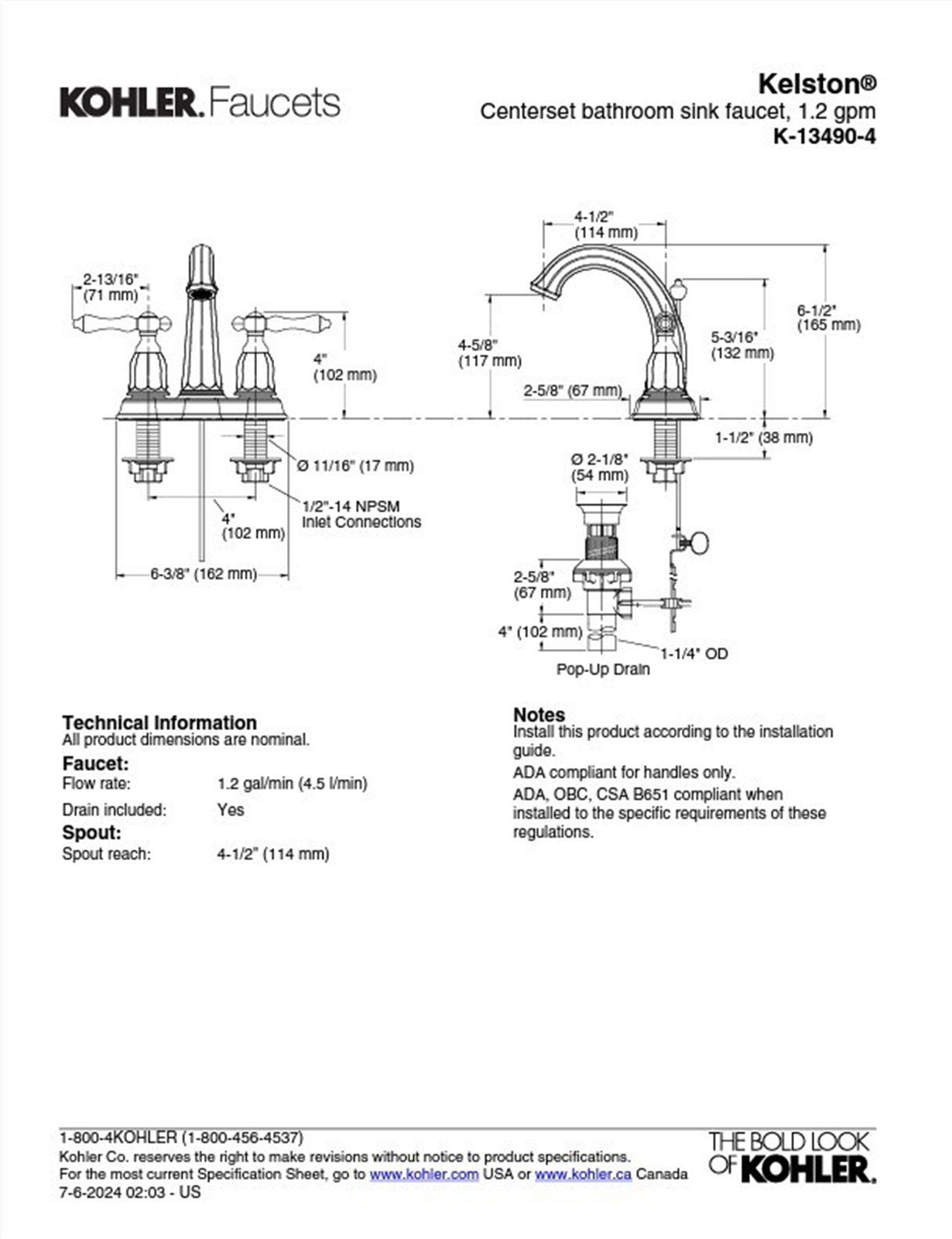 Kelston Centerset bathroom sink faucet, 1.2 gpm K-13490-4-CP