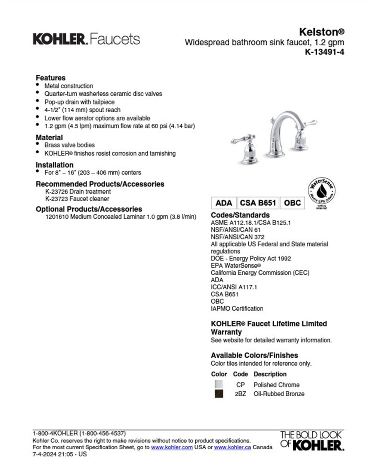 Kohler Kelston 8 in. Widespread 2-Handle Low-Arc Bathroom Faucet K-13491-4-CP