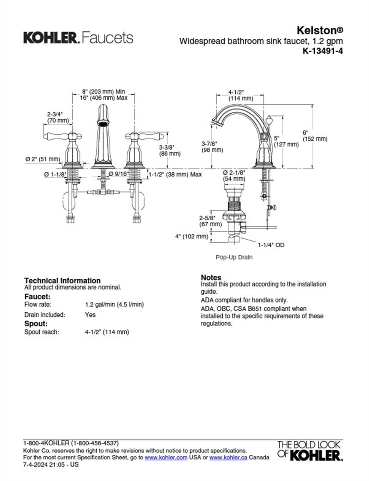 Kohler Kelston 8 in. Widespread 2-Handle Low-Arc Bathroom Faucet K-13491-4-CP