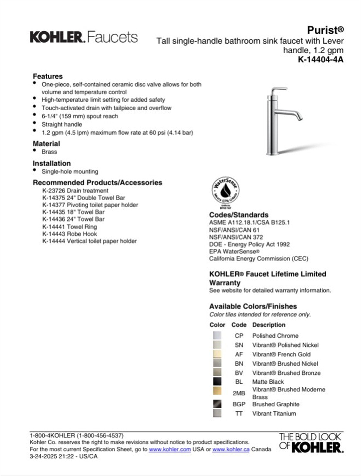 Kohler Purist Single Hole Bathroom Faucet Polished Chrome K-14402-4A-CP