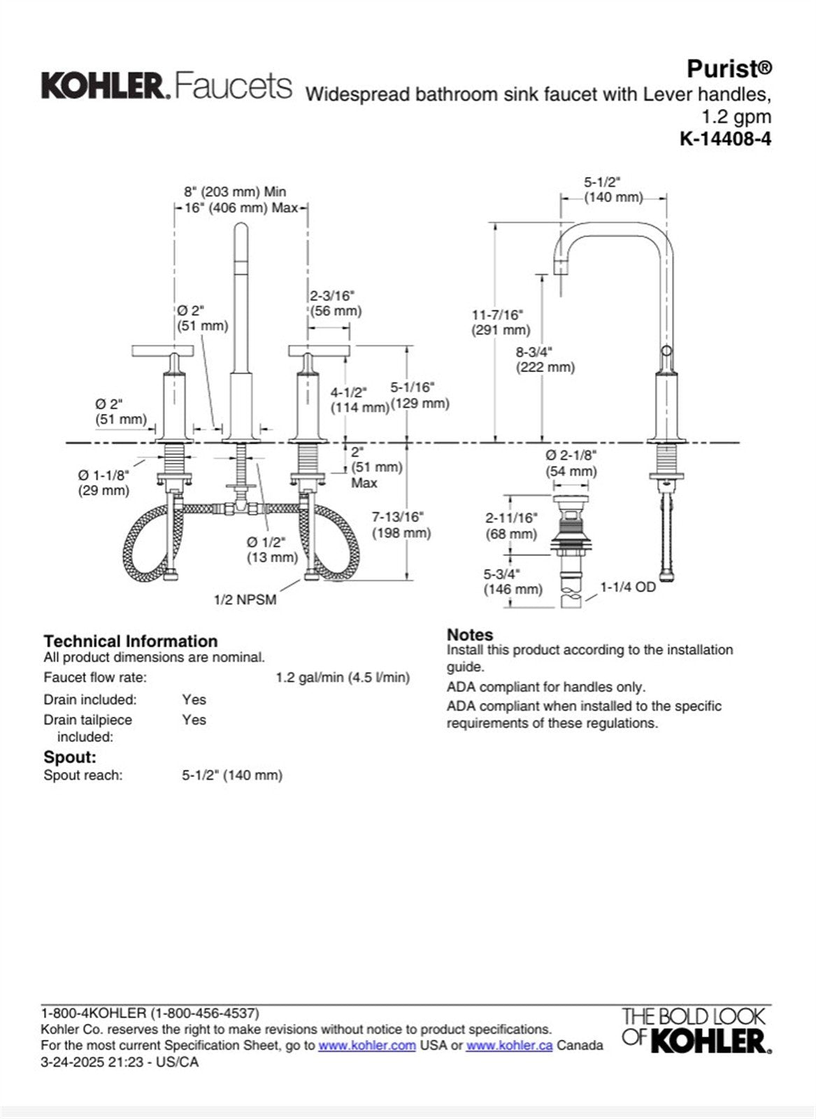 Kohler Purist 8 in. Widespread Bathroom Faucet Polished Chrome K-14408-4-CP