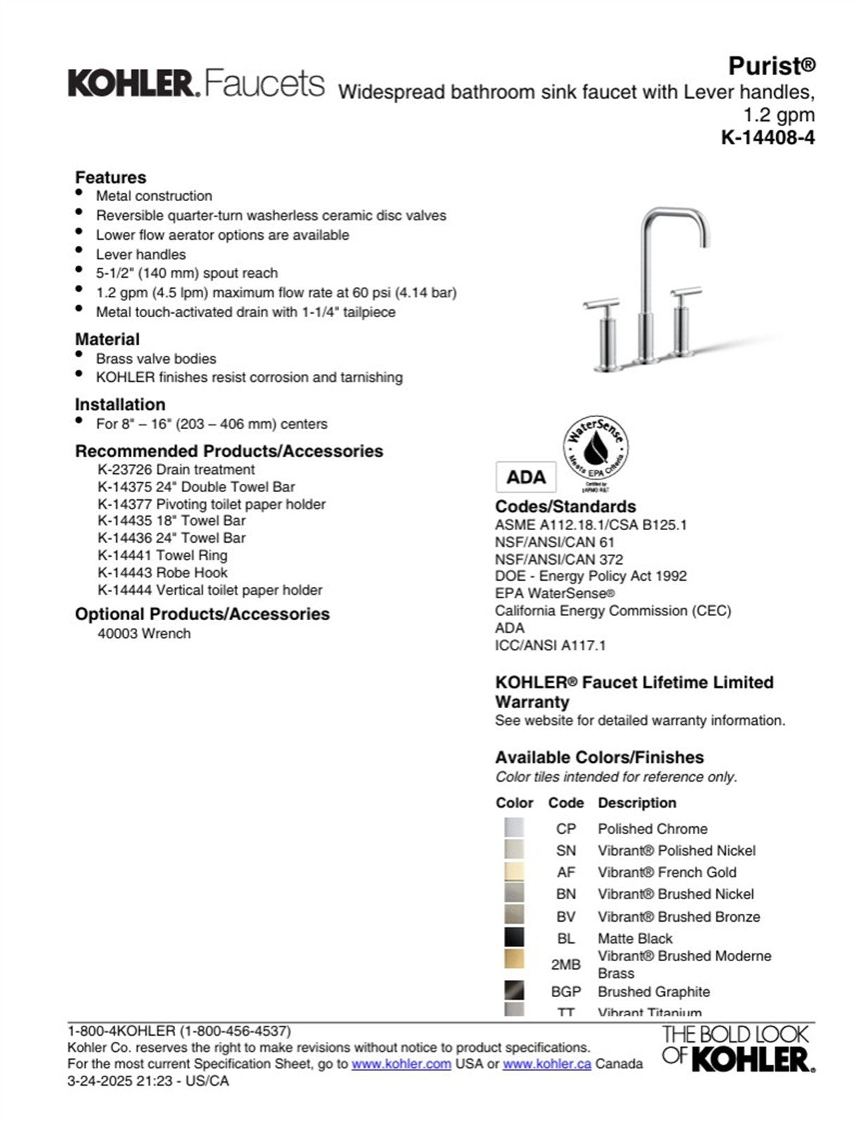 Kohler Purist 8 in. Widespread Bathroom Faucet Polished Chrome K-14408-4-CP