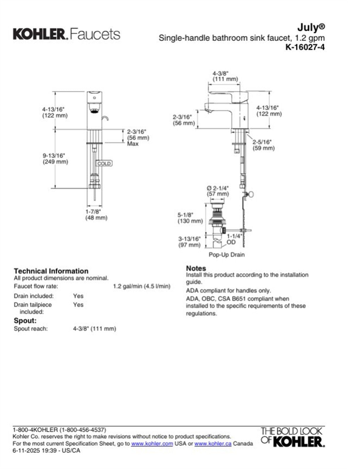 Kohler July Single Hole Bathroom Faucet Polished Chrome K-16027-4-CP