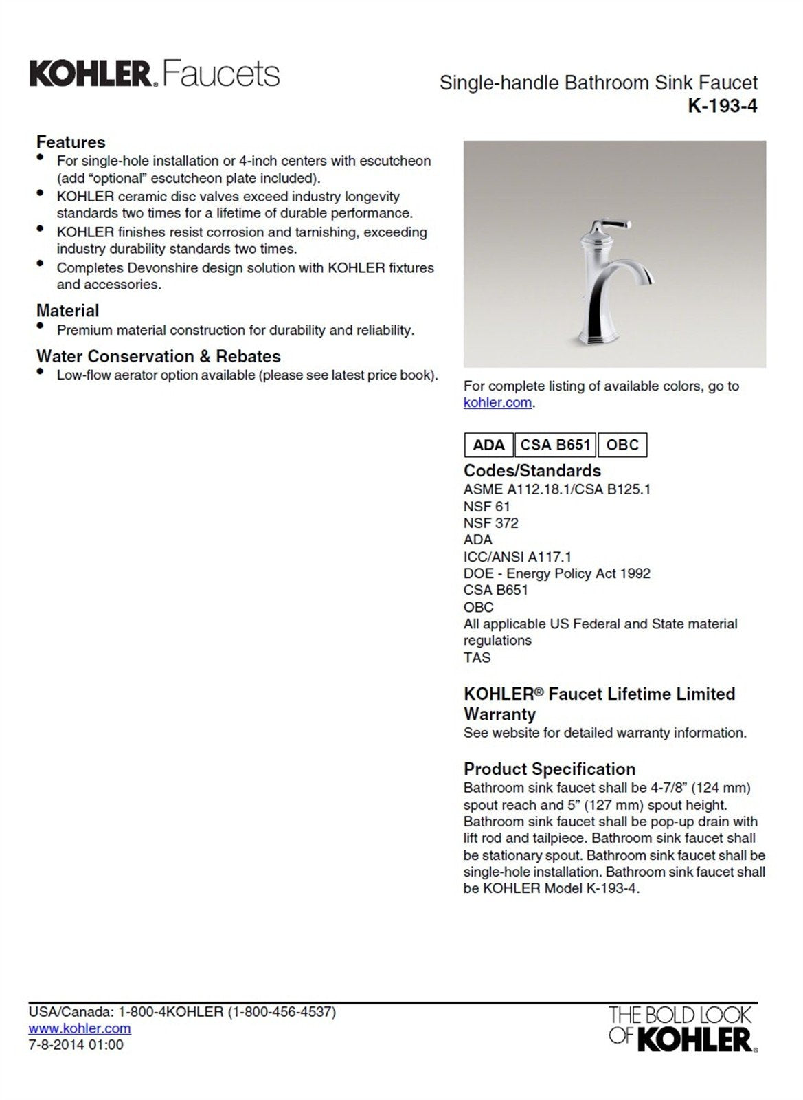 Kohler Devonshire Single Hole Bathroom Faucet Oil Rubbed Bronze K-193-4-2BZ
