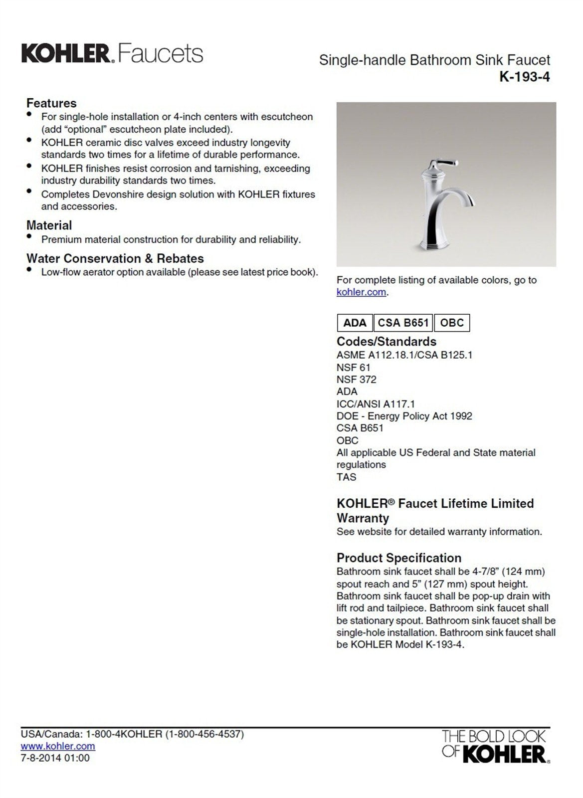 Kohler Devonshire Single Hole Bathroom Faucet Vibrant Brushed Nickel K-193-4-BN