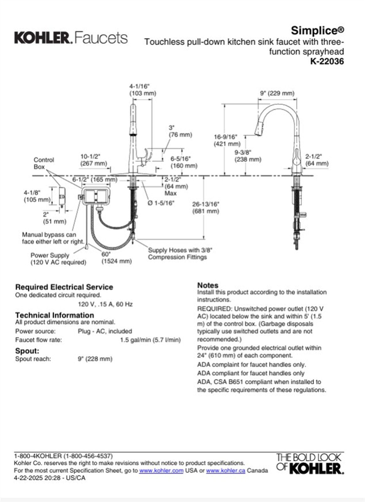 Kohler Simplice 1 Hole Pull Down Kitchen Faucet in Vibrant Stainless K-22036-VS
