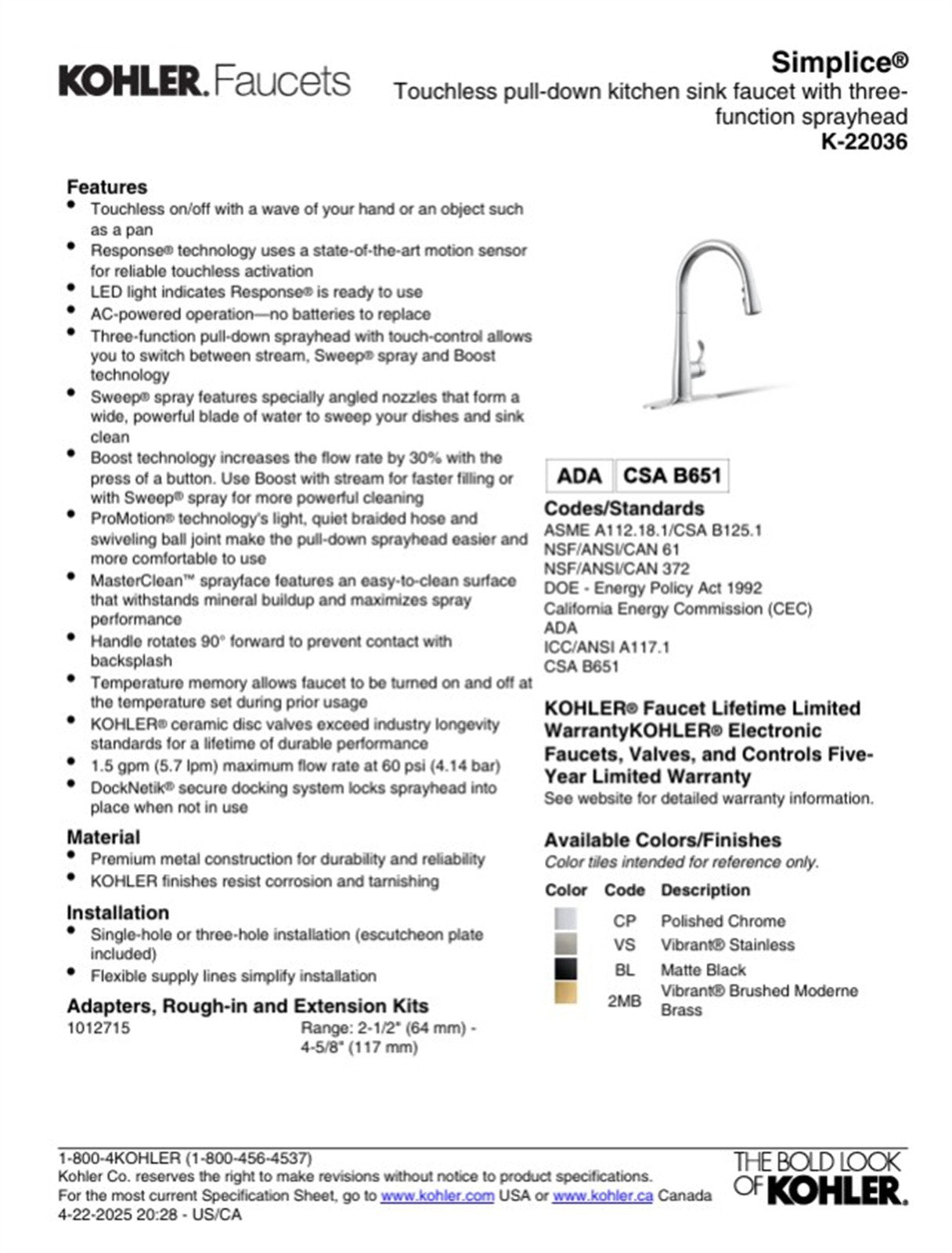 Kohler Simplice 1 Hole Pull Down Kitchen Faucet in Vibrant Stainless K-22036-VS