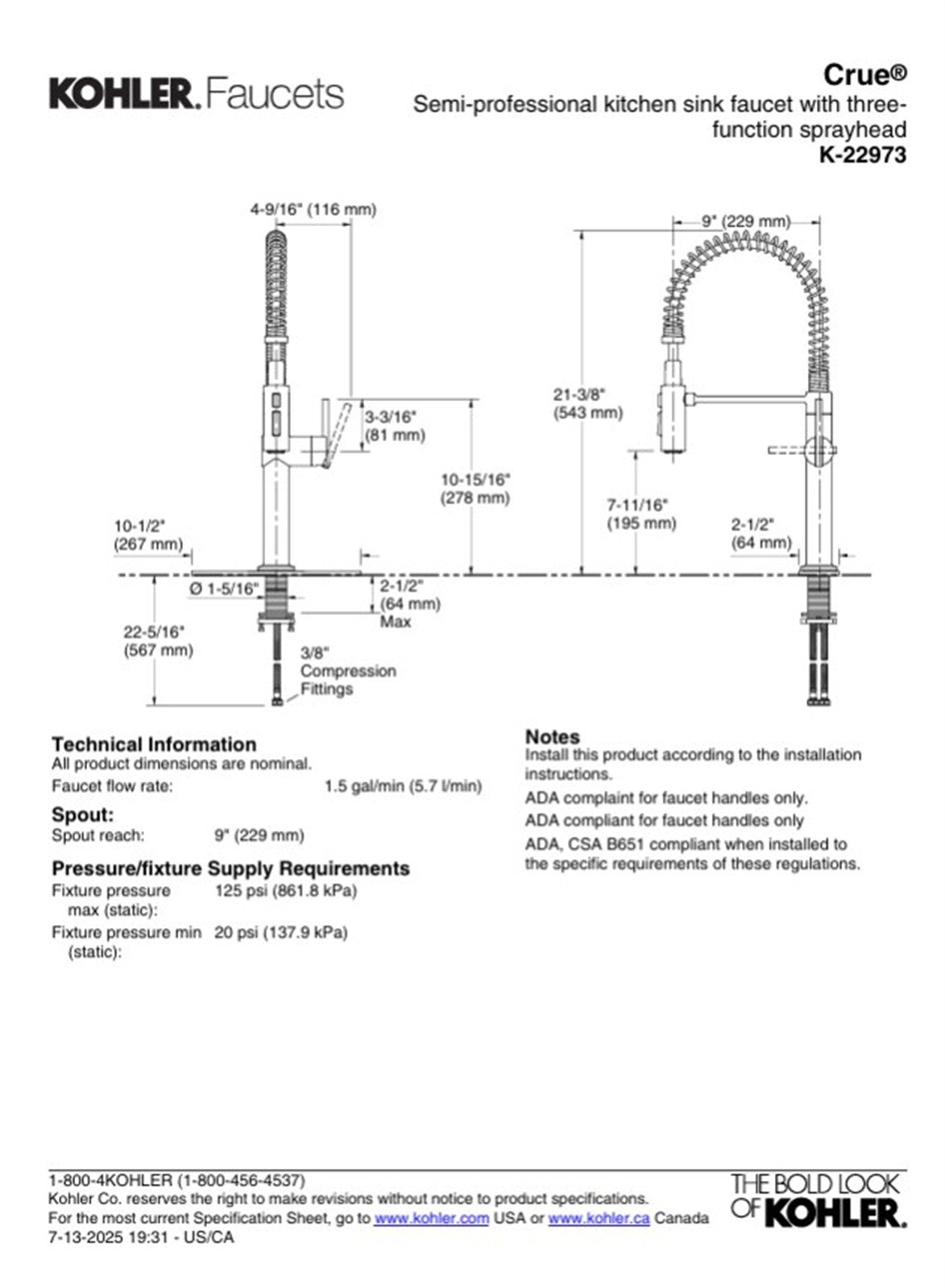 Kohler Crue 1 Hole Pull Down Kitchen Faucet in Matte Black K-22973-BL