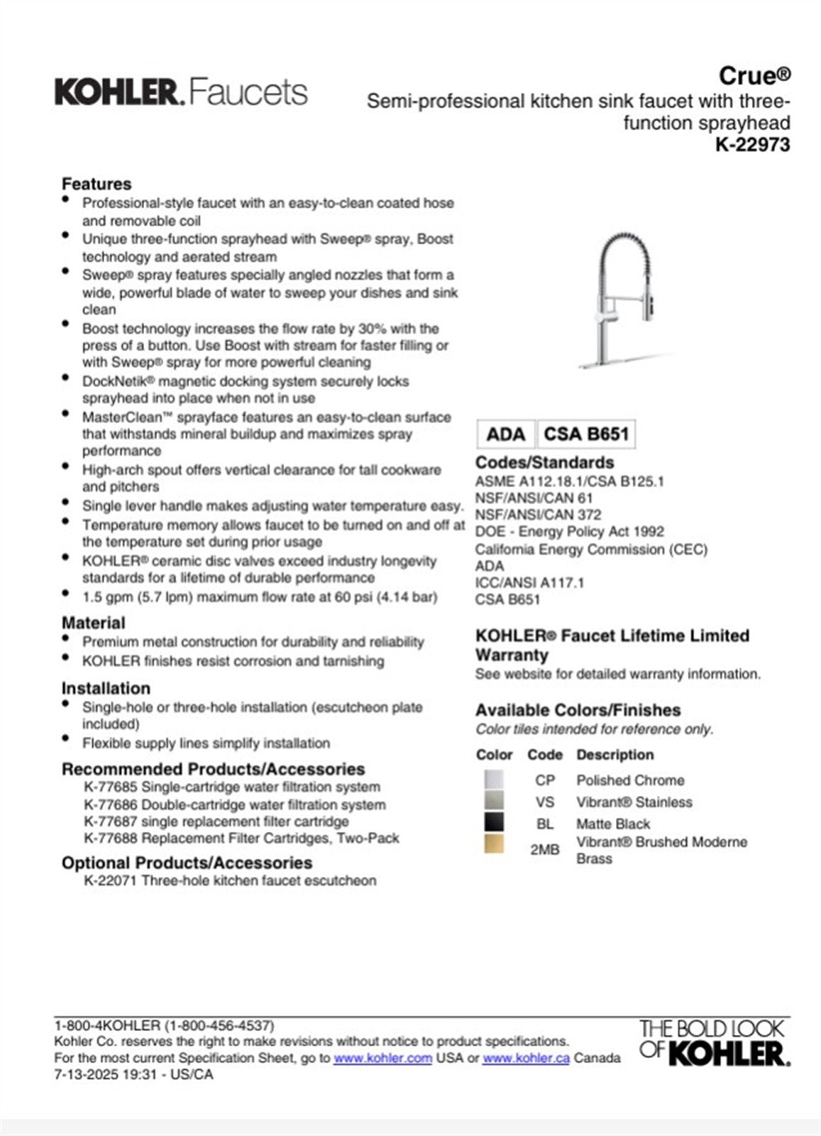 Kohler Crue 1 Hole Pull Down Kitchen Faucet in Matte Black K-22973-BL