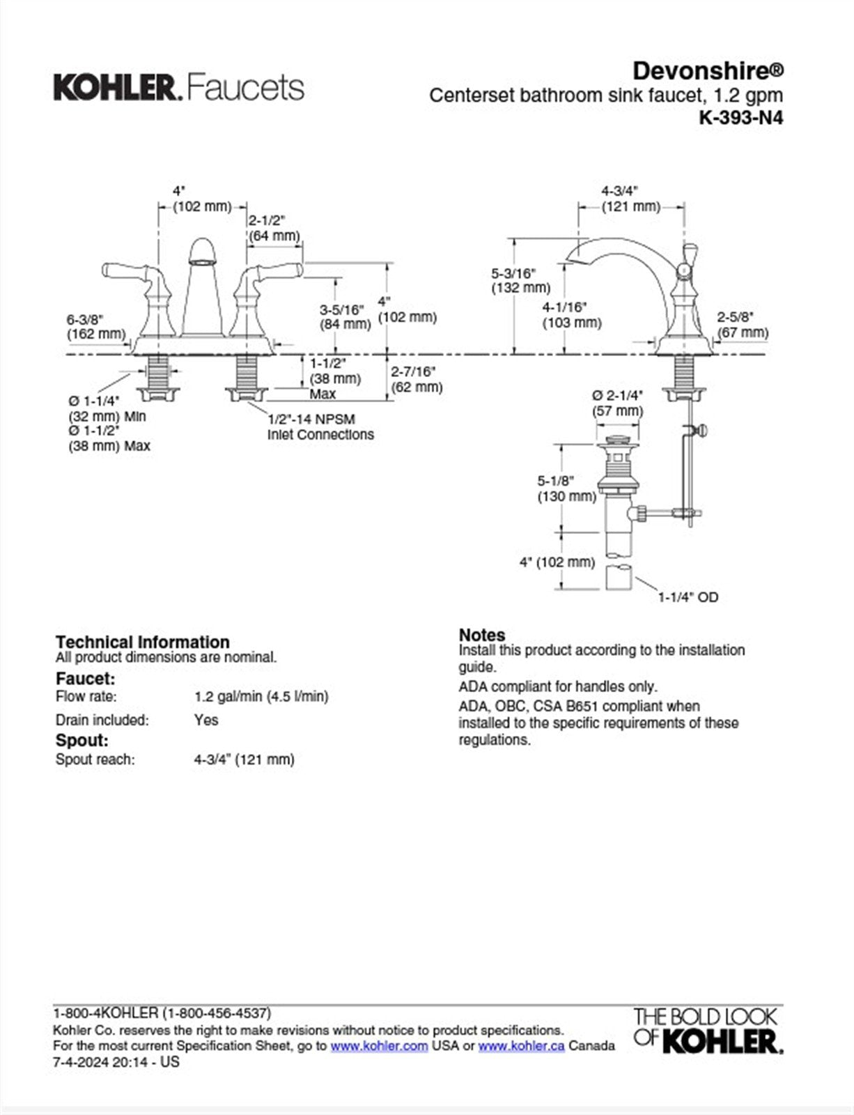 Kohler Devonshire Bathroom faucet, 1.2 gpm Oil-Rubbed Bronze K-393-N4-2BZ