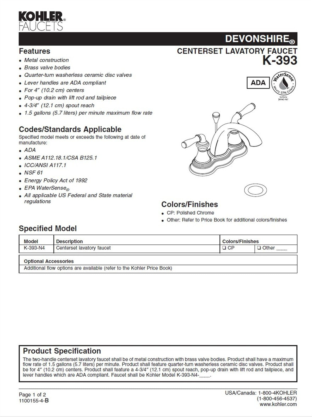 Kohler Devonshire 4 in. Centerset Bathroom Faucet Polished Chrome K-393-N4-CP
