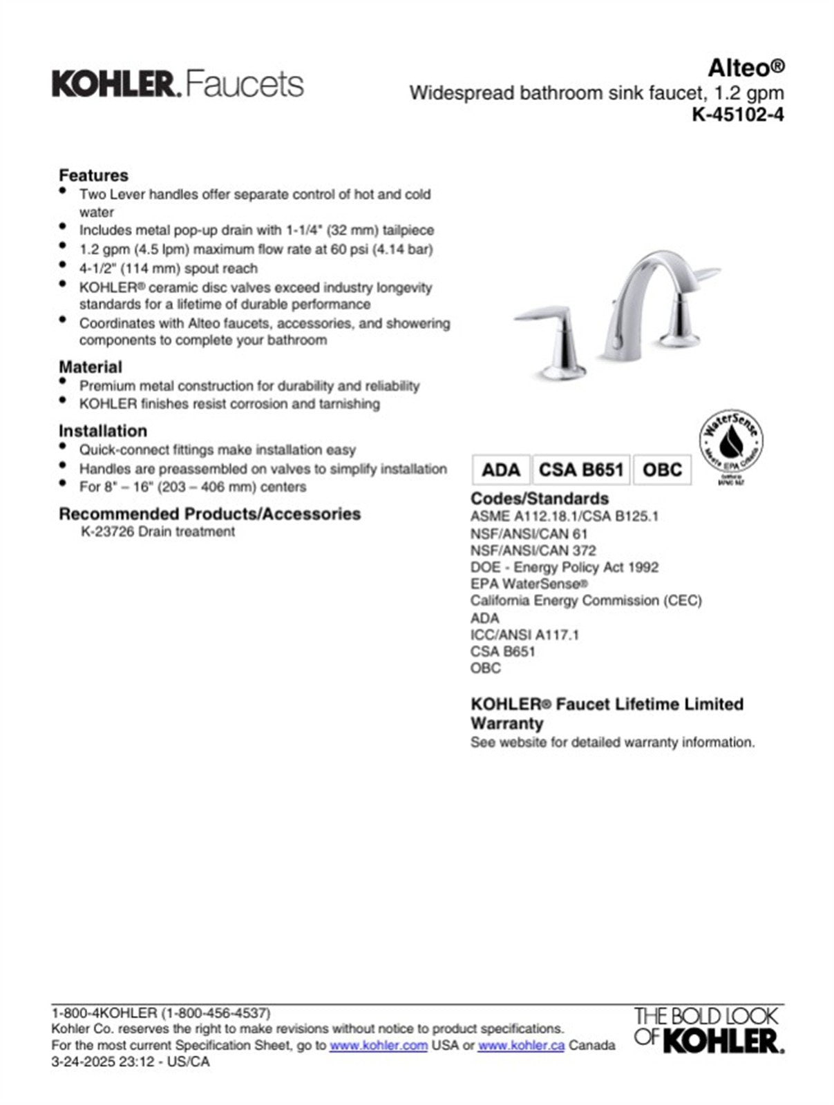 Kohler Alteo 8 in. Widespread Bathroom Faucet Vibrant Brushed Nickel K-45102-4-BN