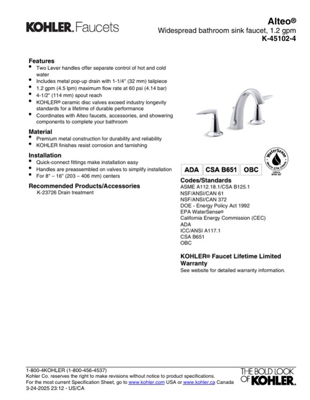 Kohler Alteo 8 in. Widespread Bathroom Faucet Polished Chrome K-45102-4-CP