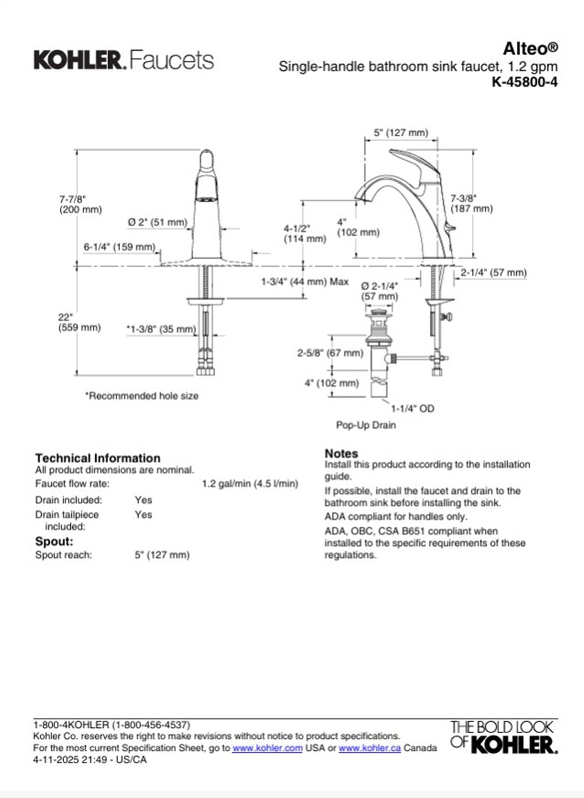 Kohler Alteo Single Hole Bathroom Faucet Polished Chrome K-45800-4-CP