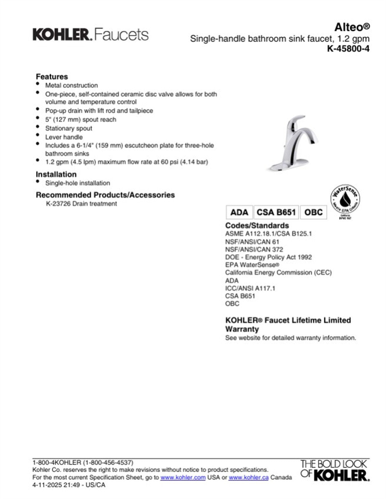 Kohler Alteo Single Hole Bathroom Faucet Polished Chrome K-45800-4-CP