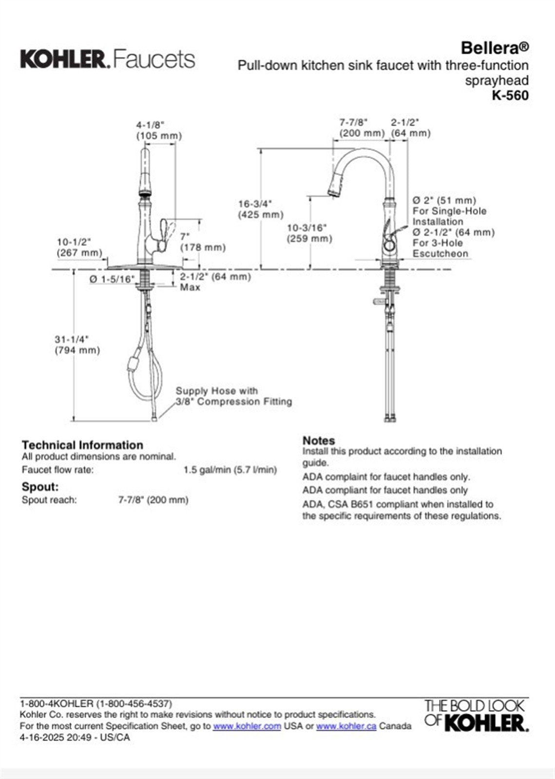 Kohler Bellera 1 Hole Pull Down Kitchen Faucet in Polished Chrome K-560-CP