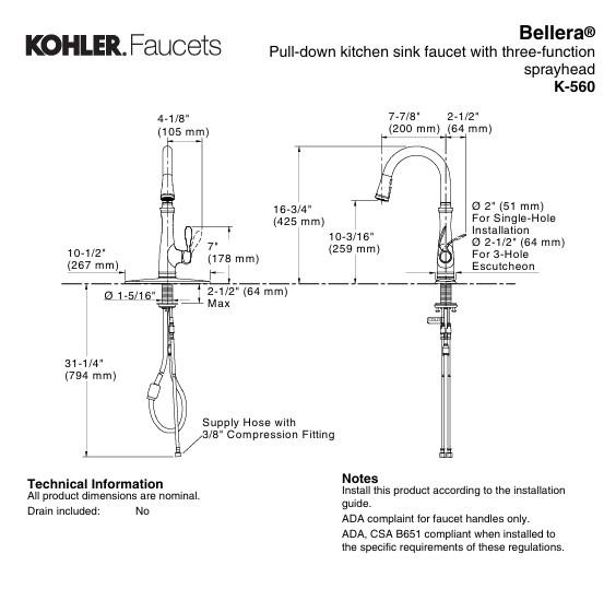 Kohler Bellera 1 Hole Pull Down Kitchen Faucet in Vibrant Stainless K-560-VS