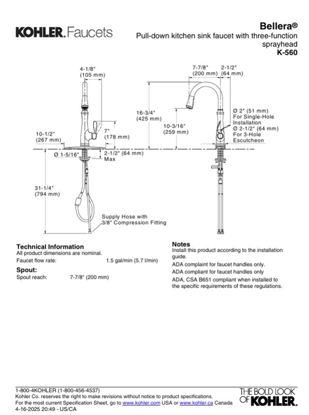 Kohler Bellera Single Hole Pull Down Kitchen Faucet Vibrant Stainless K-560-VS