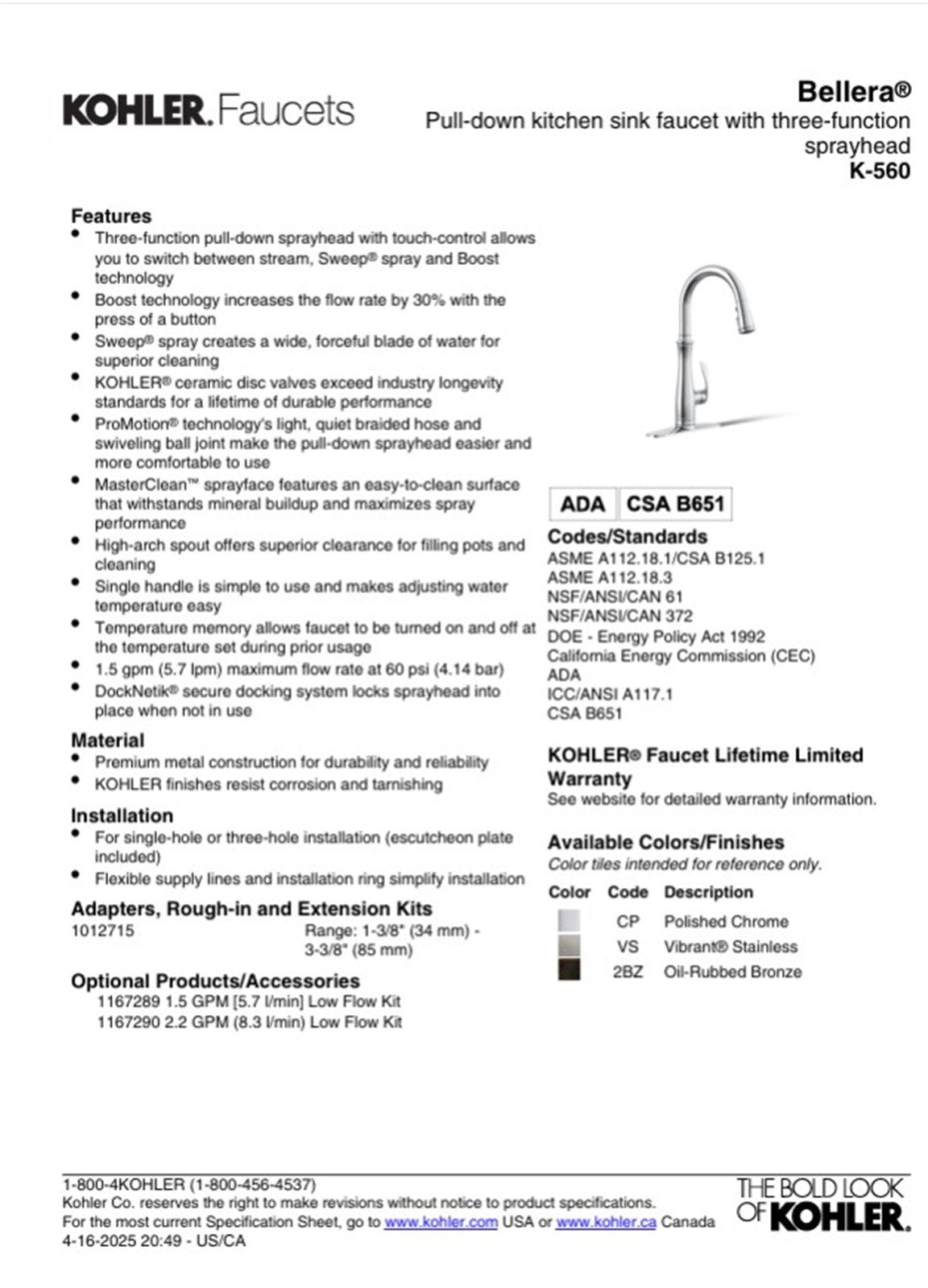 Kohler Bellera Single Hole Pull Down Kitchen Faucet Vibrant Stainless K-560-VS