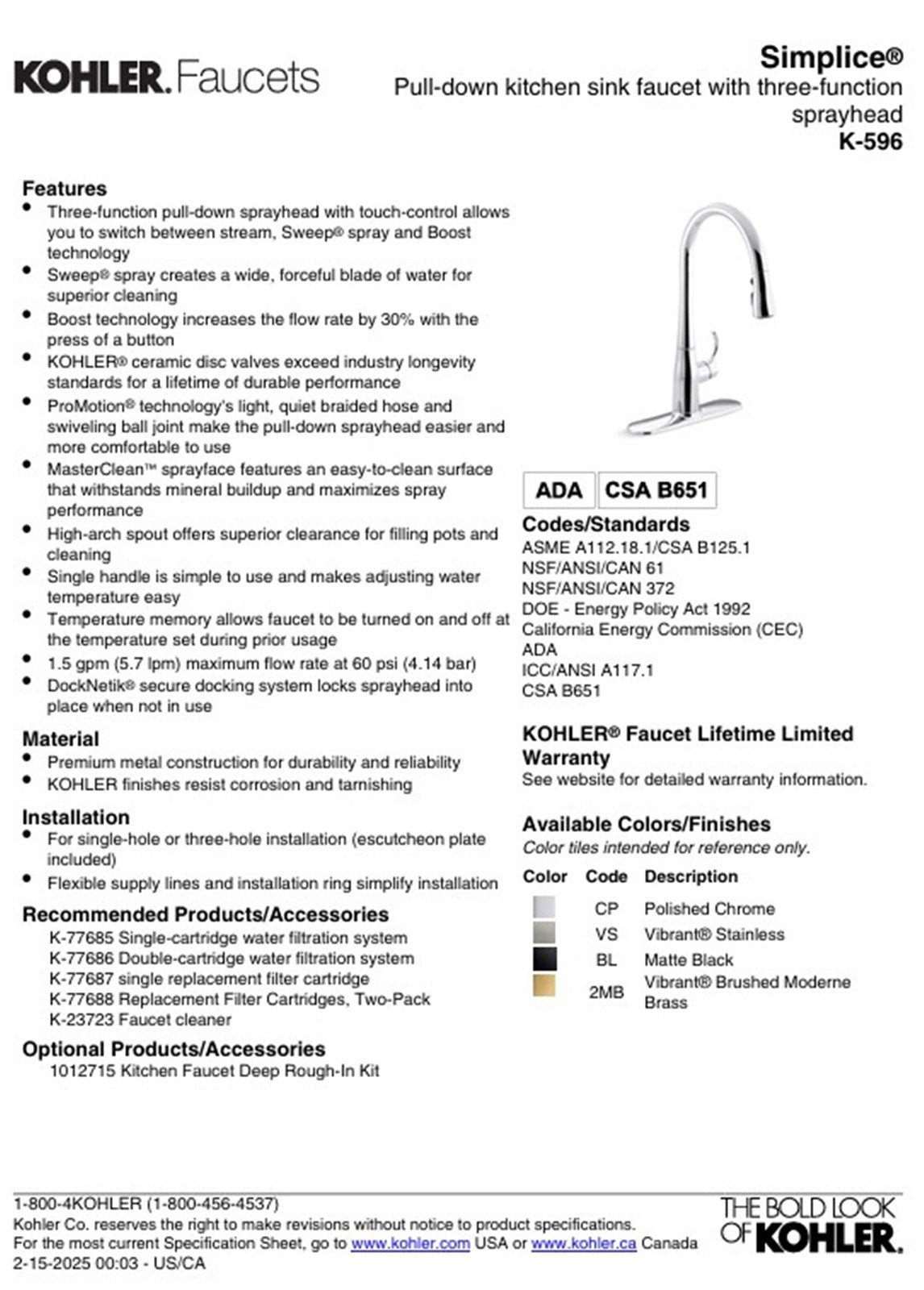 Kohler Simplice 1.5 GPM Pull Down Kitchen Faucet Matte Black K-596-BL