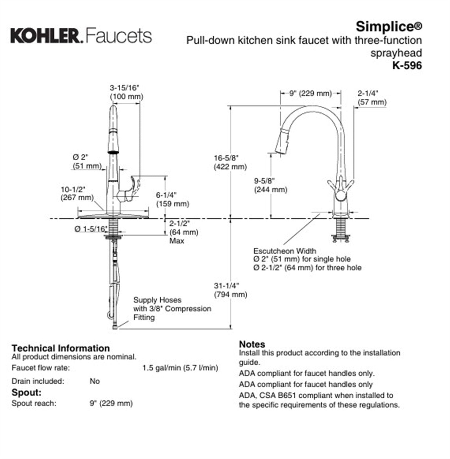 Kohler Simplice 1.5 GPM Pull Down Kitchen Faucet Matte Black K-596-BL