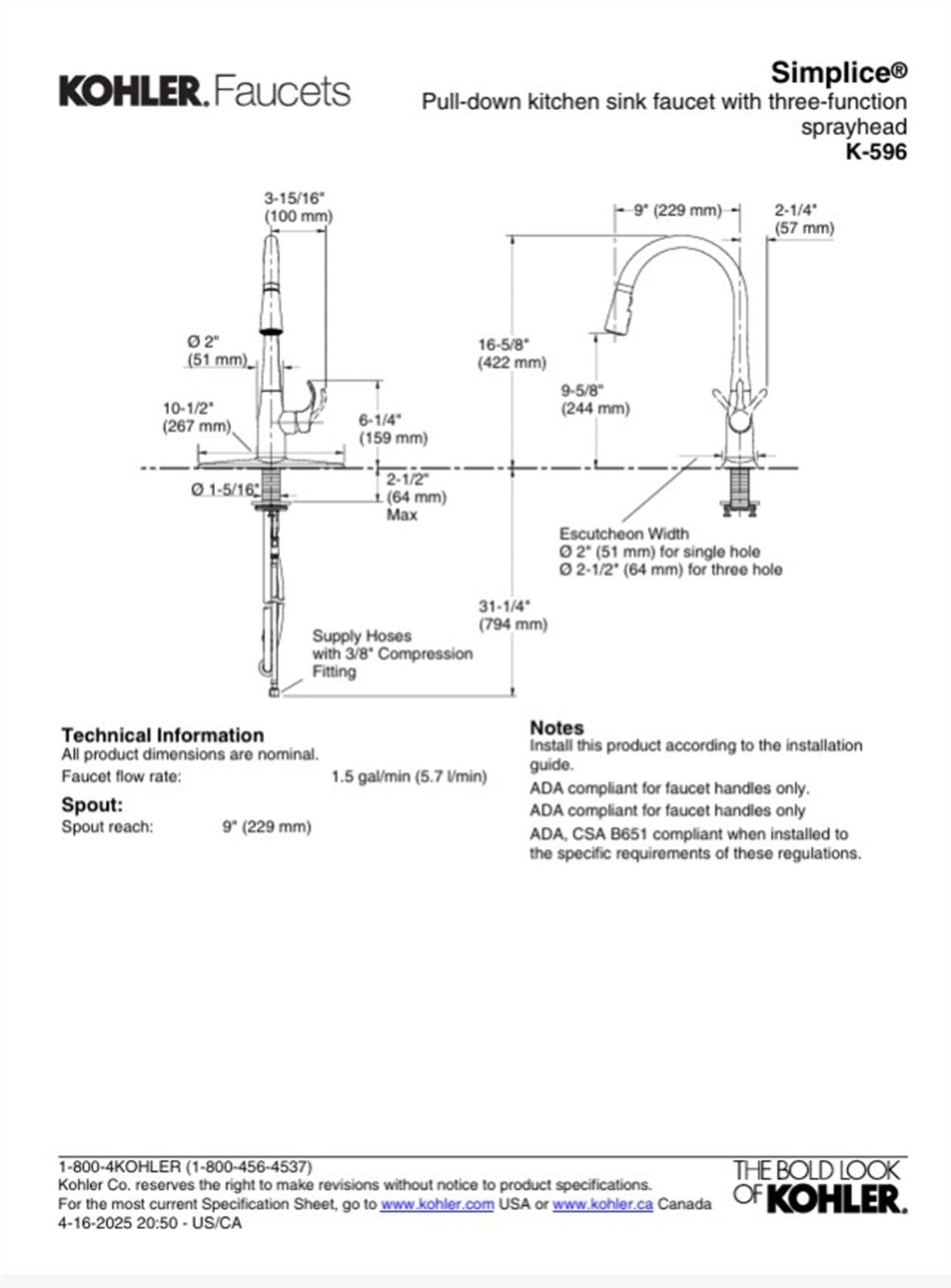 Kohler Simplice Single Hole Pull Down Kitchen Faucet -K596-VS Polished Chrome