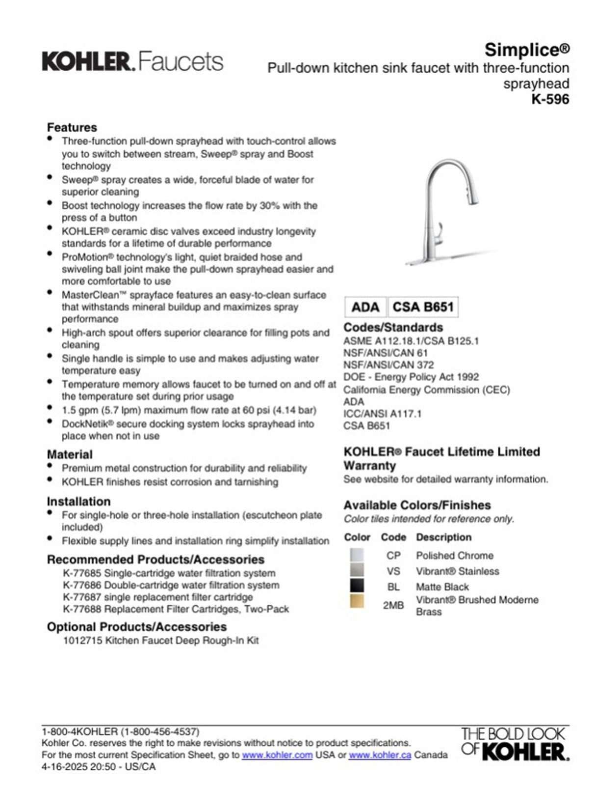 Kohler Simplice Single Hole Pull Down Kitchen Faucet -K596-VS Polished Chrome