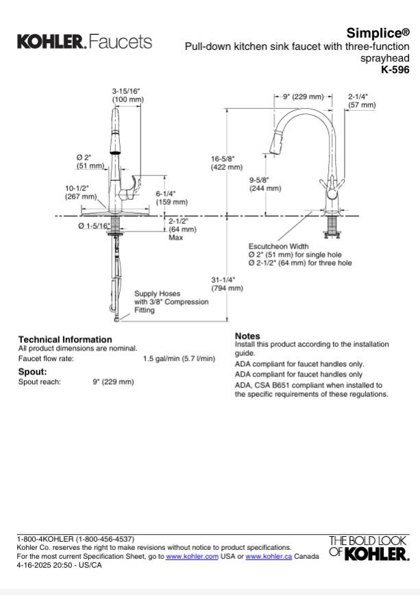 Kohler Simplice Single Hole Pull Down Kitchen Faucet K596-VS Vibrant Stainless