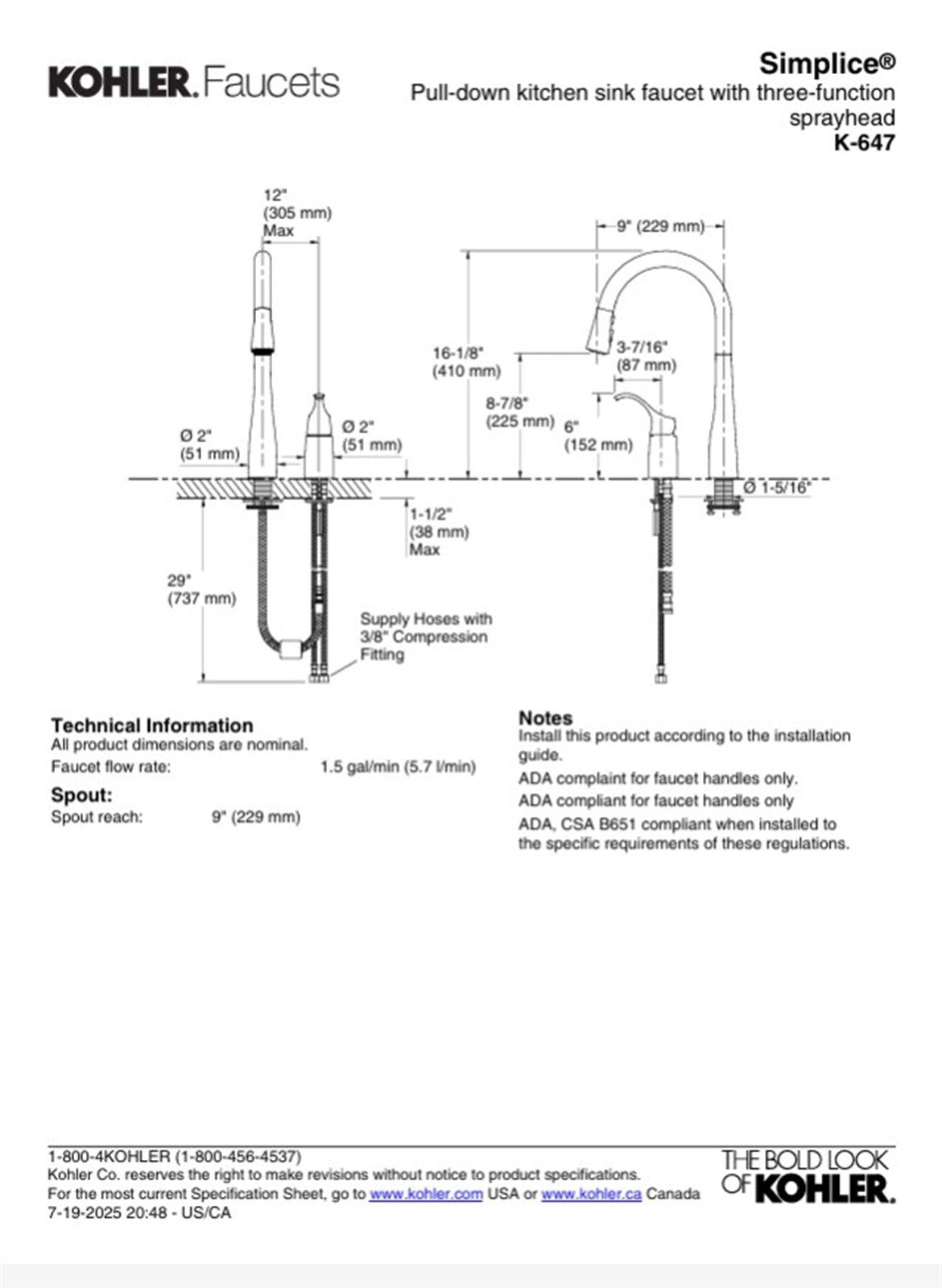 Kohler Simplice 1 Hole Pull Down Kitchen Faucet in Vibrant Stainless K-647-VS